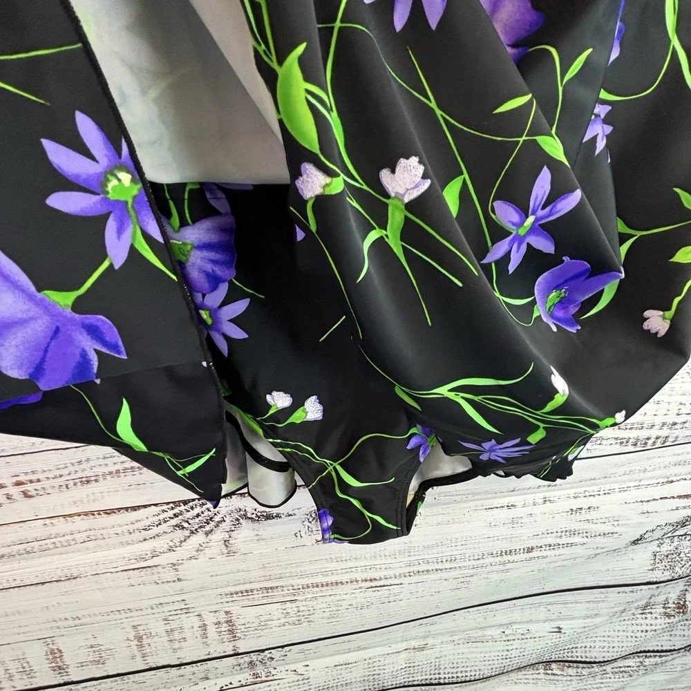Blair Plus Size Swimsuit Black Floral Plus Size 26W Skirt One Piece Tummy Panel